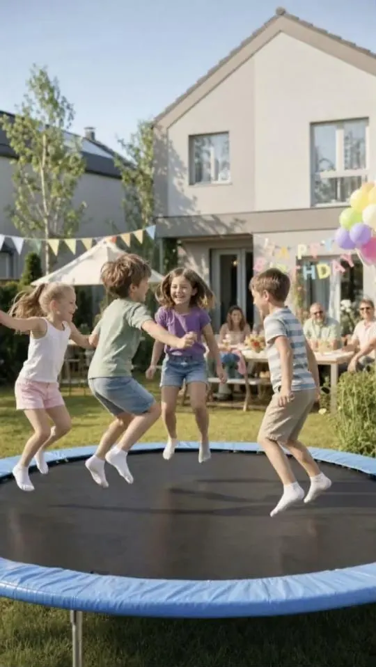 Dzieci skaczą na trampolinie w ogrodzie